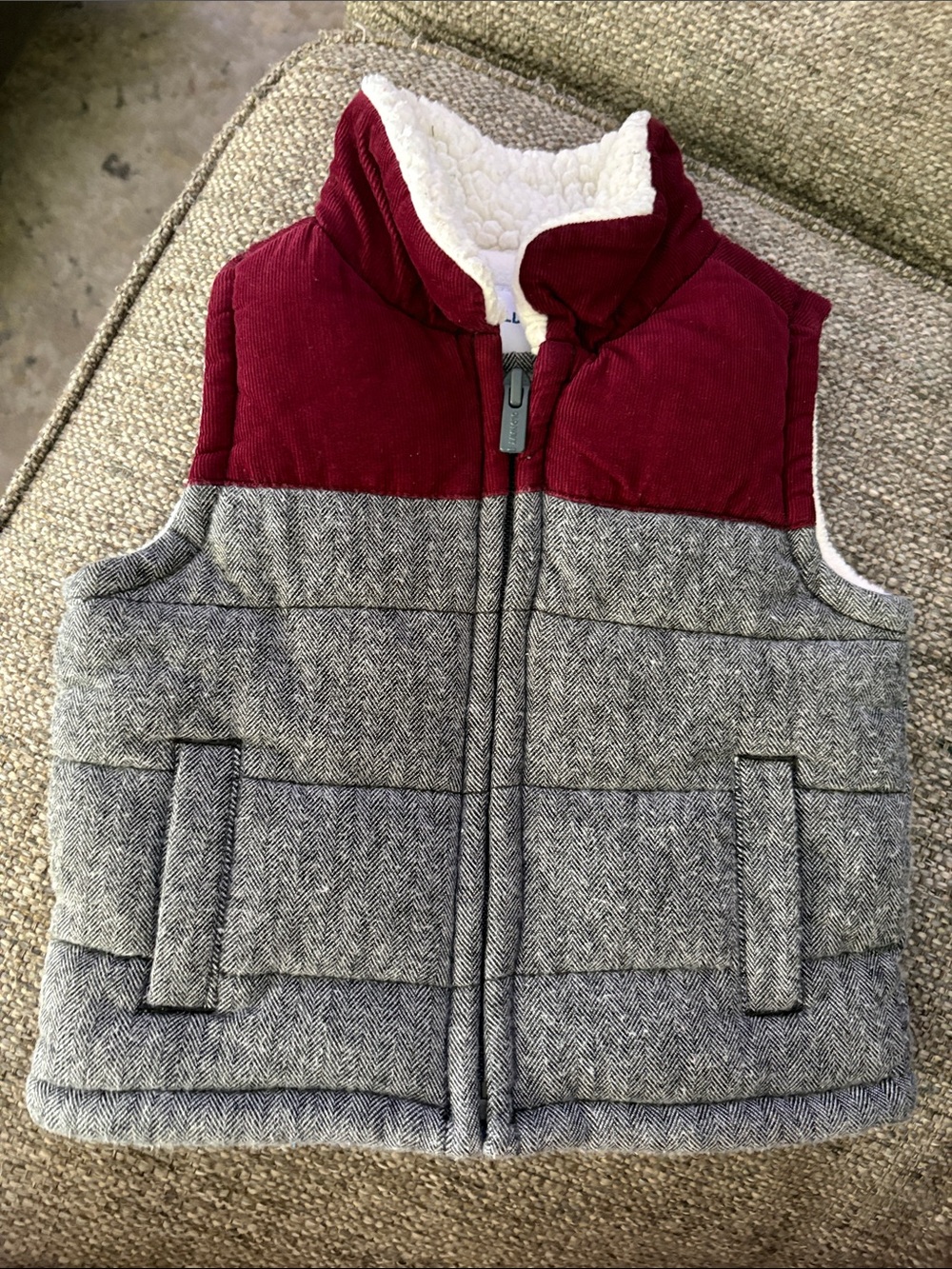 Old Navy Maroon and Gray Quilted Vest with Sherpa Collar
